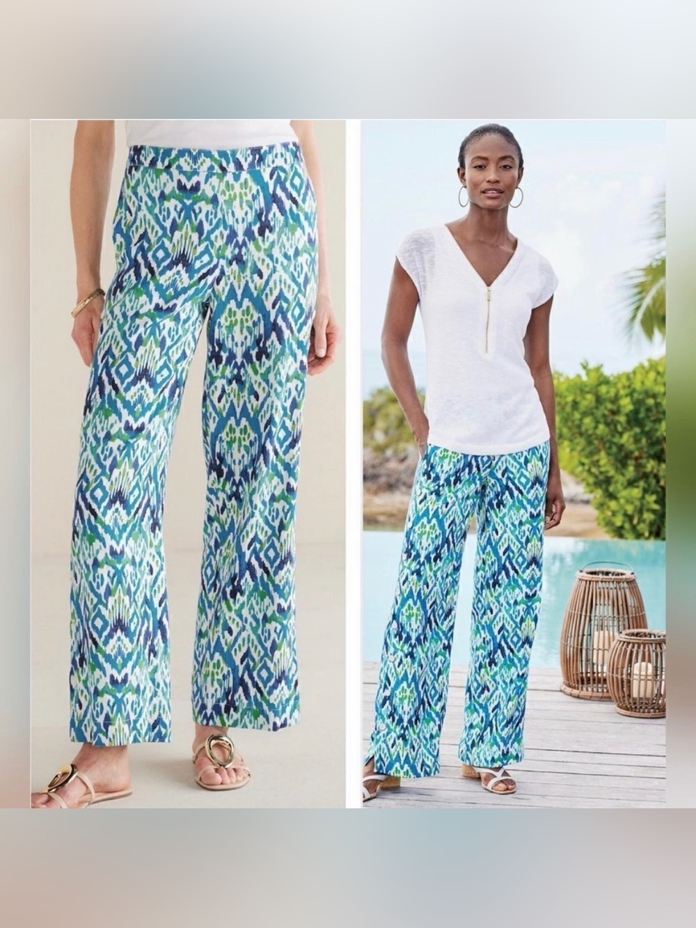 Soft Surroundings Linen Blend Blue Green Wide Leg Pants Size Medium